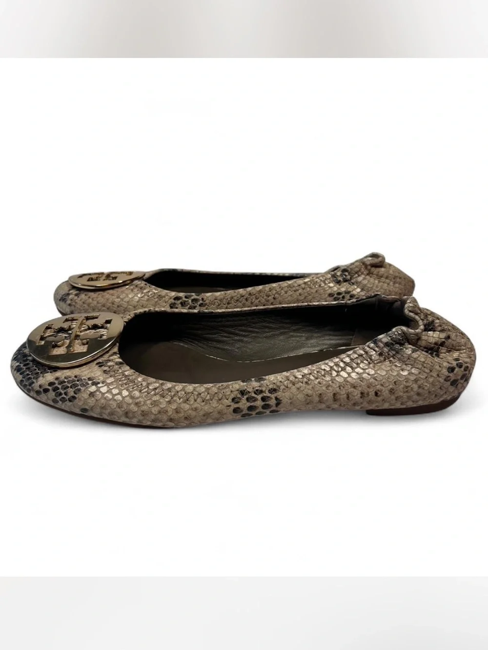 Tory Burch Reva Snakeskin-Embossed Ballet Flats, gold tone double-T medallion8.5